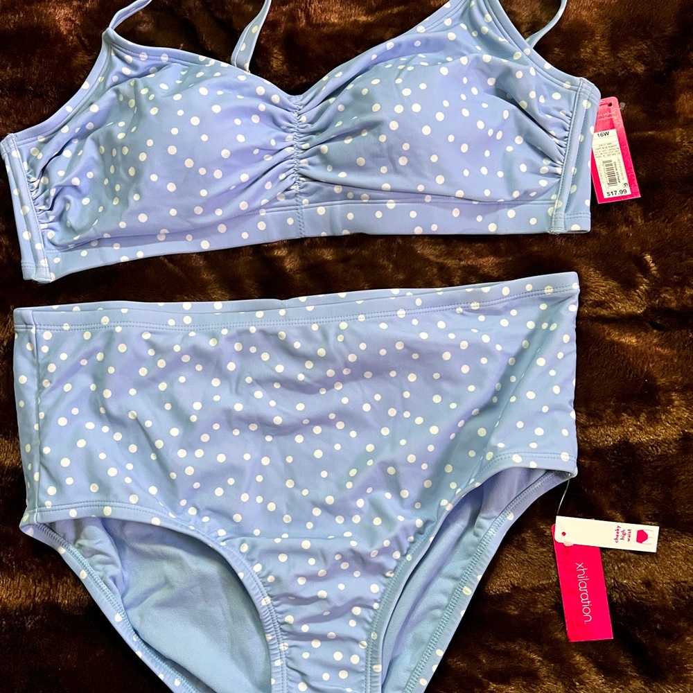 Xhiliration Blue Polka Dot Matching Swim Suit - Plus Size